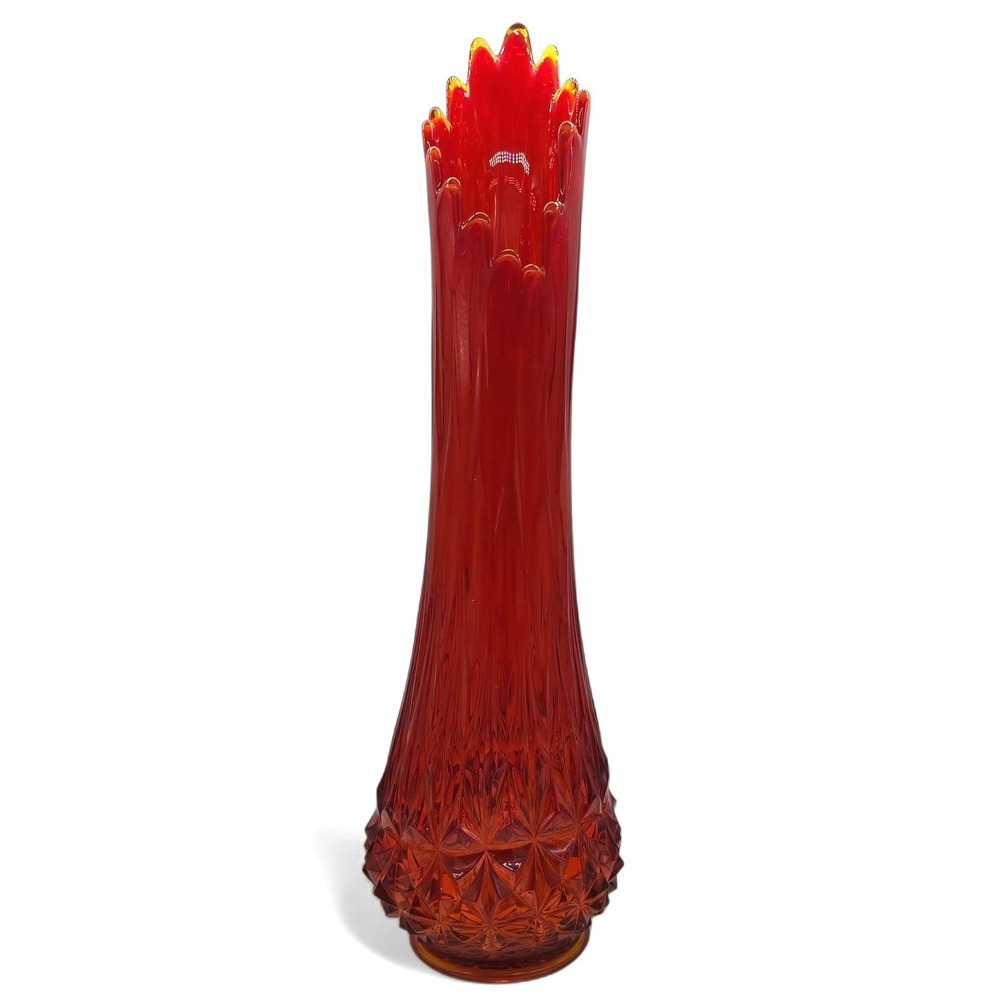 Vintage Le Smith Amberina Diamond‎ Butt Glass Swung Vase 22" Mid Century Modern